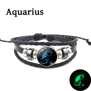 Bracelet signe du zodiaque Verseau lumineux en cuir multicouche avec cordon tressé à la main
