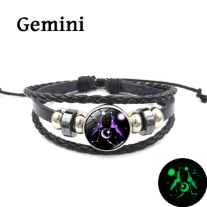 Bracelet Gémeaux lumineux en cuir tressé multicouche avec effet phosphorescent vert