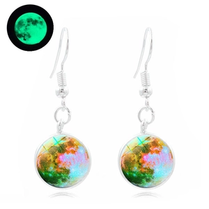 Luminous silver galaxy planet drop earrings for women with glowing glass moon charms