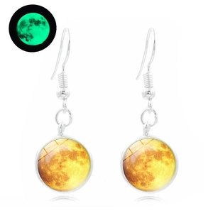 Luminous crescent moon galaxy earrings with glass dome and glow-in-the-dark feature