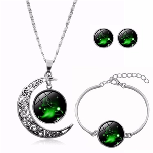 Ensemble détaillé collier, bracelet et boucles d'oreilles signe Bélier en métal argenté et verre