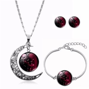 Ensemble détaillé de bijoux zodiaque Vierge en argent avec collier lune et boucles d'oreilles