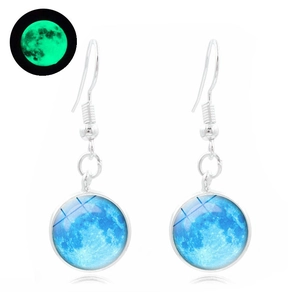 Luminous crescent moon galaxy earrings with glowing glass dome pendants for women