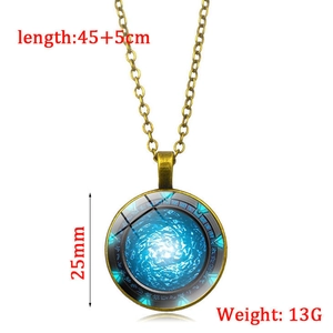 Vintage Stargate Atlantis glow pendant necklace with blue portal pattern and bronze chain
