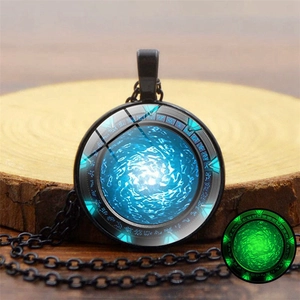 Stargate Atlantis luminous glass pendant necklace with glowing blue sci-fi vortex pattern