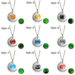 Detailed grid showing nine styles of luminous crescent moon pendant necklaces with stars