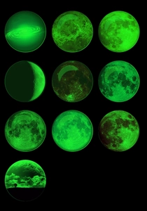 Detailed view of luminous crescent moon and galaxy glass pendants glowing in green