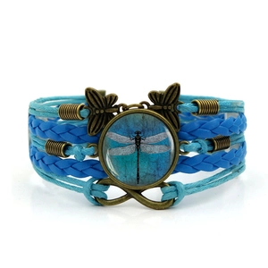 Handmade multilayer blue braided leather bracelet with dragonfly, butterfly and infinity charms
