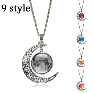 Luminous crescent moon pendant necklace in silver finish with colorful moon stone glass