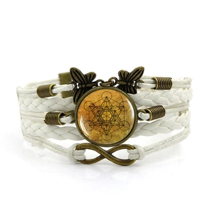 Bohemian multilayer white leather woven bracelet with Metatron Cube pendant and infinity charm