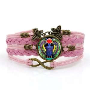 Pink multilayer braided leather bracelet with bronze scarab beetle and butterfly charm