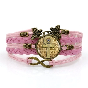Pink multi-layer woven leather bracelet featuring Egyptian Ankh cross and butterfly charm