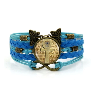 Multilayer blue woven leather bracelet with Egyptian Ankh cross and infinity charm
