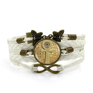 Vintage multilayer woven leather bracelet with Ankh cross pendant and butterfly charms