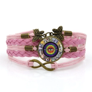 Vintage multi-layer braided bracelet with tarot glass gem, pink butterfly and infinity charms