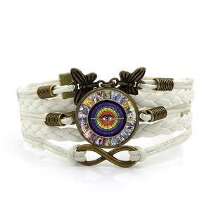 Vintage white leather layered bracelet with tarot eye glass gem and bronze butterfly