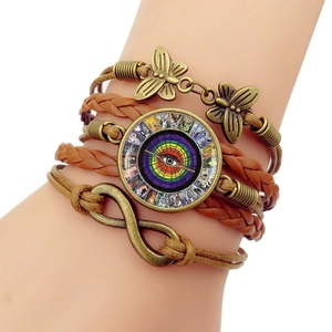 Vintage Braided Leather Bracelet Alloy Butterfly Infinity Evil Eye Glass Cabochon Bohemian Jewelry For Women Men Accessories