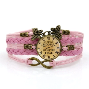 Pink multilayer woven rope bracelet featuring a vintage clock pendant and infinity symbol
