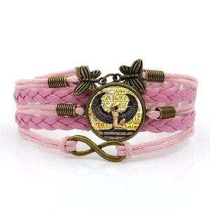 Pink leather layered bracelet with Egyptian Isis pendant and bronze butterfly charms