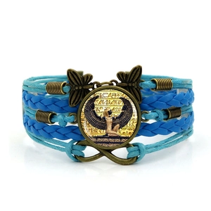 Vintage Egyptian Queen blue leather multilayer braided bracelet with bronze goddess charm