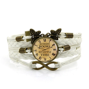Vintage multi-layer braided bracelet with clock glass dome and infinity butterfly charm