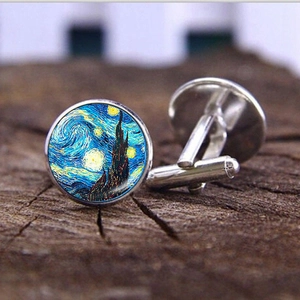 Gemelli da Uomo Arte Notte Stellata di Van Gogh Vintage in Lega e Vetro Cabochon Tondi per Camicia da Cerimonia e Business Gioielli