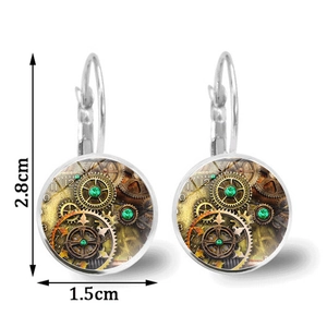 Steampunk gear earrings with green gemstones and mechanical parts, size 2.8cm by 1.5cm