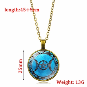 Vintage Triple Moon Goddess glass dome pendant necklace with blue nebula pentagram charm