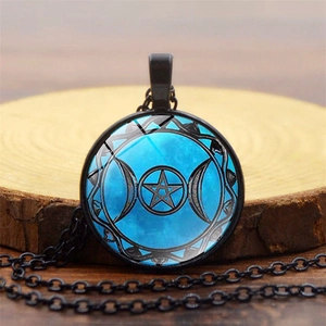 Vintage Triple Moon Goddess pendant necklace with blue glass dome and black metal chain
