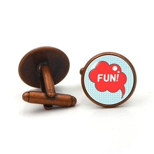 Detailed macro view of pop art FUN! cufflinks with vintage bronze finish and T-bar backing