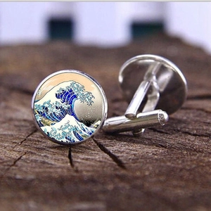 Vintage Great Wave off Kanagawa Cufflinks For Men Alloy Glass Dome Art Print French Shirt Cuff Links Wedding Business Jewelry Gift