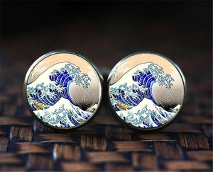 Great Wave off Kanagawa cufflinks with vintage metal base and domed glass crystal