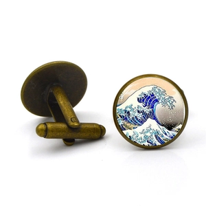 Great Wave off Kanagawa cufflinks with vintage bronze finish and crystal glass dome