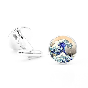 Silver Great Wave off Kanagawa cufflinks with crystal glass and polished metal finish