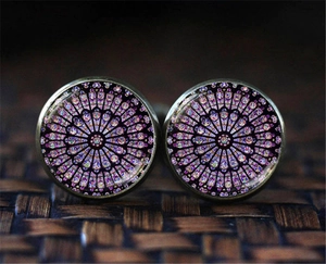 Vintage bronze cufflinks with Gothic Notre Dame rose window stained glass pattern