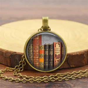 Vintage Library Books Pendant Necklace Retro Time Gem Alloy Glass Literary Theme Sweater Chain For Women Book Lovers Jewelry