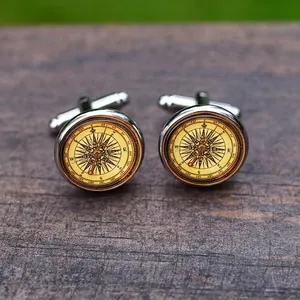 Retro Men Compass Time Gem Cufflinks Nautical Ship Wheel Pattern Alloy Glass Shirt Cuff Links Business Wedding Men Jewelry