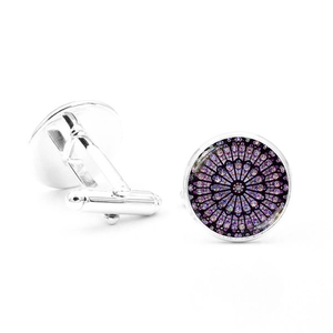 Detail view of silver cufflinks with colorful Gothic rose window art and T-clasp mechanism