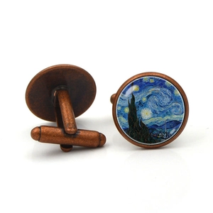 Vintage bronze cufflinks featuring Van Gogh Starry Night art under glass cabochon