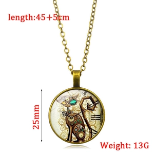 Retro steampunk cat time gem pendant necklace with bronze gears on white background