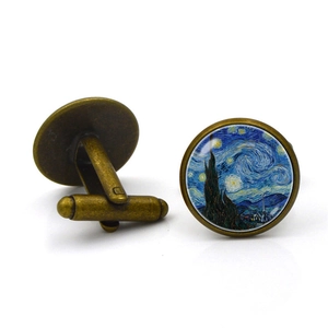 Van Gogh Starry Night cufflinks with antique bronze finish and glass cabochon art