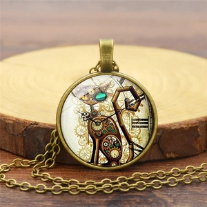 Steampunk Cat Mechanical Gear Pendant Necklace Retro Alloy Glass Cabochon Necklace Vintage Industrial Style Sweater Chain For Women Men