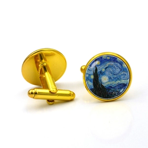 Van Gogh Starry Night Painting Glass Cabochon Alloy Cufflinks For Men Vintage Art Shirt Button French Shirt Accessories