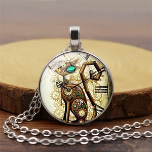 Detailed close-up of a steampunk cat pendant with mechanical gear elements on a wood stand