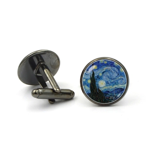 Van Gogh Starry Night glass cabochon cufflinks in gunmetal gray for men shirts