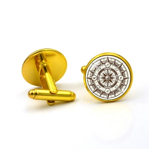 Golden vintage nautical compass cufflinks with retro navigation pattern for men and women