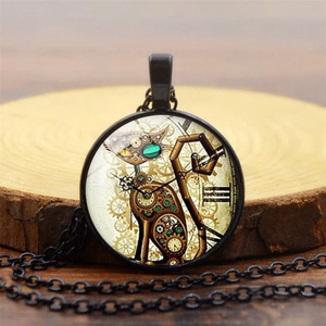 Macro detail of steampunk mechanical cat glass dome pendant with retro gear patterns