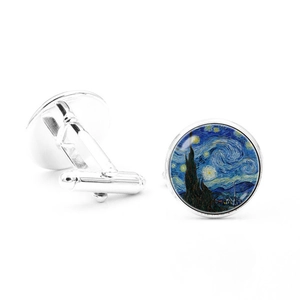 Van Gogh Starry Night cufflinks for men featuring silver-tone metal and glass dome finish