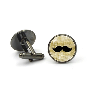 Men's vintage round cufflinks with black mustache icon and gunmetal alloy finish