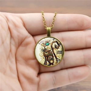 Retro steampunk cat pendant necklace in antique bronze with gear details